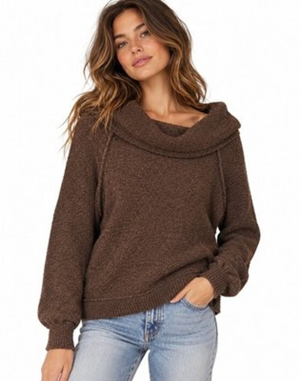 Free People Echo Beach Pullover Brown Oversized Slouchy Neck Sweater Size XS
